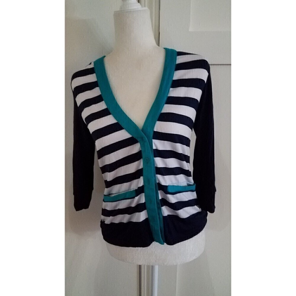Emmelee Cardigan Sweater Medium Navy White Stripes Teal Accent